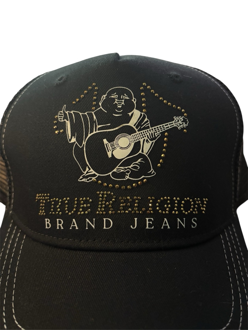 NWT True Religion Buddha Guitar Trucker Hat Black Rhinestone Mesh Cap Y2K